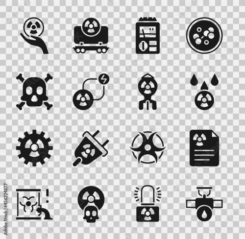 Set Industry pipe and valve, Radiation warning document, Acid rain radioactive cloud, Dosimeter, Radioactive exchange energy, Bones skull, and Nuclear bomb icon. Vector