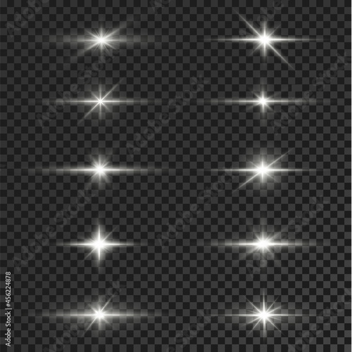 Shining stars isolated on a transparent white background. Effects, glare, radiance, explosion, white light, set. The shining of stars, beautiful sun glare.