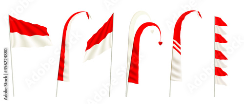 Vector set of Indonesian red and white flags and national colours and balinese style Independent Day decorations 