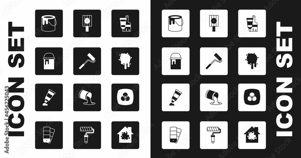 Set Tube with paint and brush, Paint roller, bucket, spray, Spray can nozzle cap, RGB CMYK color mixing and palette icon. Vector Set Tube with paint and brush, Paint roller, bucket, spray, Spray can nozzle cap, RGB CMYK color mixing and palette icon. Vector