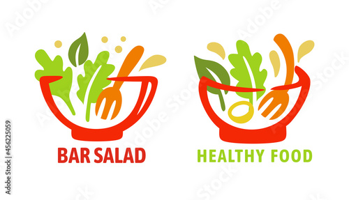 Vegan salad logos vector. Healthy food in bowl.