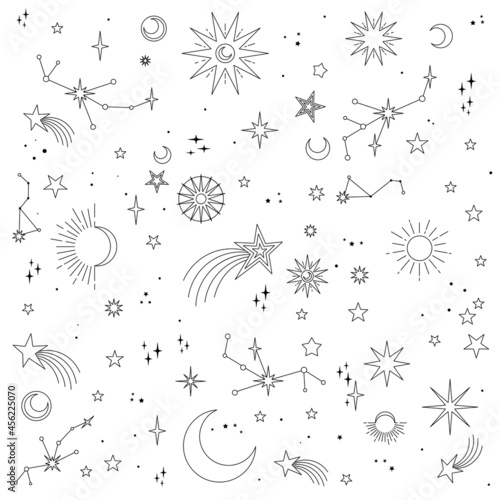 Stars, moons and constellations. Linear design astrology elements. Seamless pattern of celestial space background.