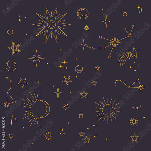 Astral elements vector design. Cosmic, celestial background. Stars, planets, sun, cosmos linear icons.