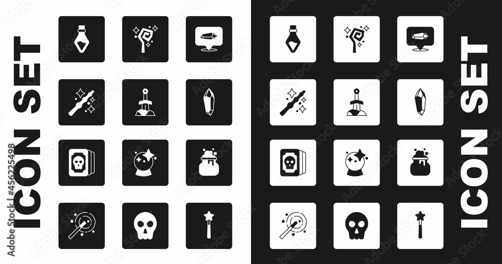 Set Magic stone, Sword in the, wand, Bottle with potion, staff, Witch cauldron and Tarot cards icon. Vector Set Magic stone, Sword in the, wand, Bottle with potion, staff, Witch cauldron and Tarot cards icon. Vector