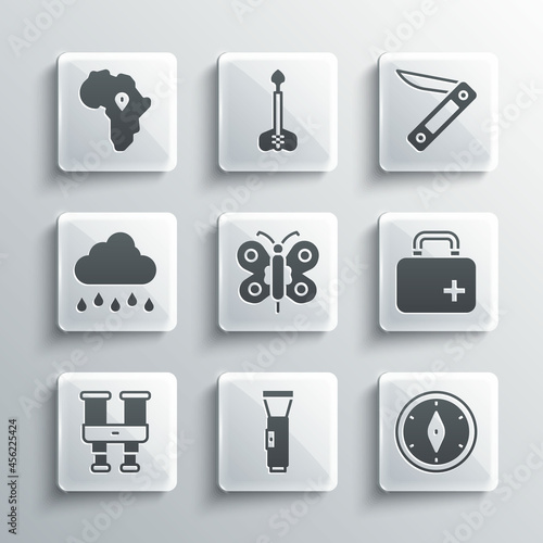 Set Flashlight, Compass, First aid kit, Butterfly, Binoculars, Cloud with rain, Map of Africa and Swiss army knife icon. Vector