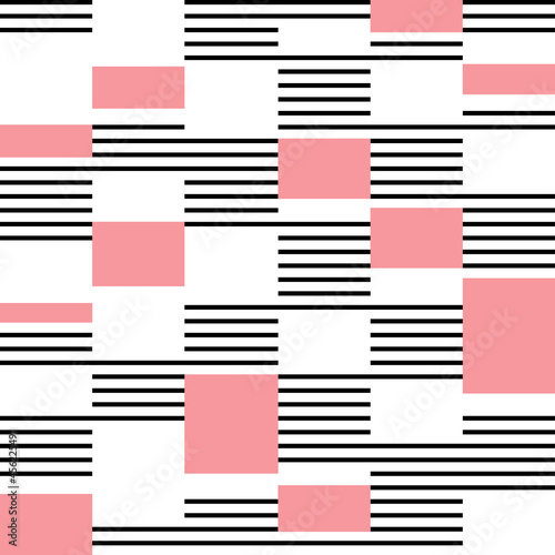 Simple geometrical themed design with pink and white rectangles and black and white stripes