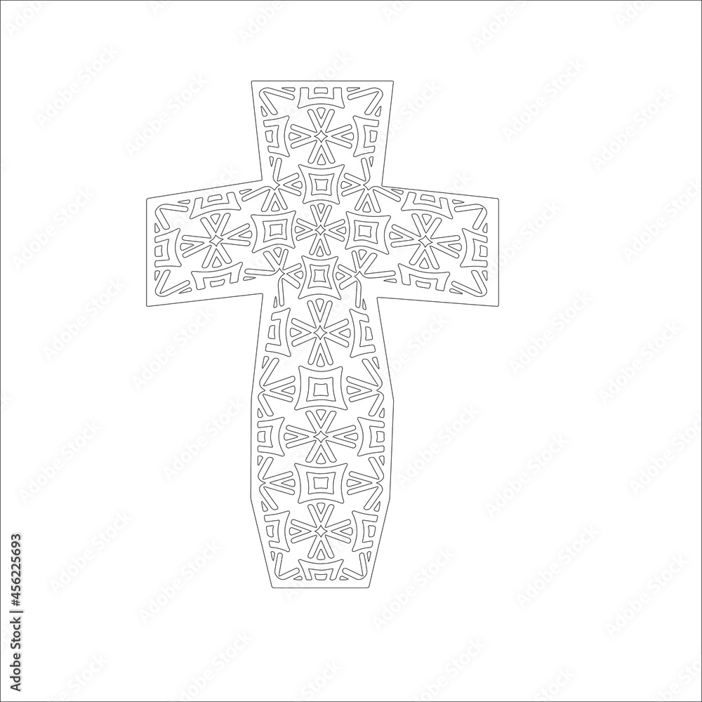cross with black and white patterns on a white background. 
Repeating geometric pattern from striped elements. 