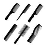 Plastic combs with small and large teeth of different shapes on a white background.