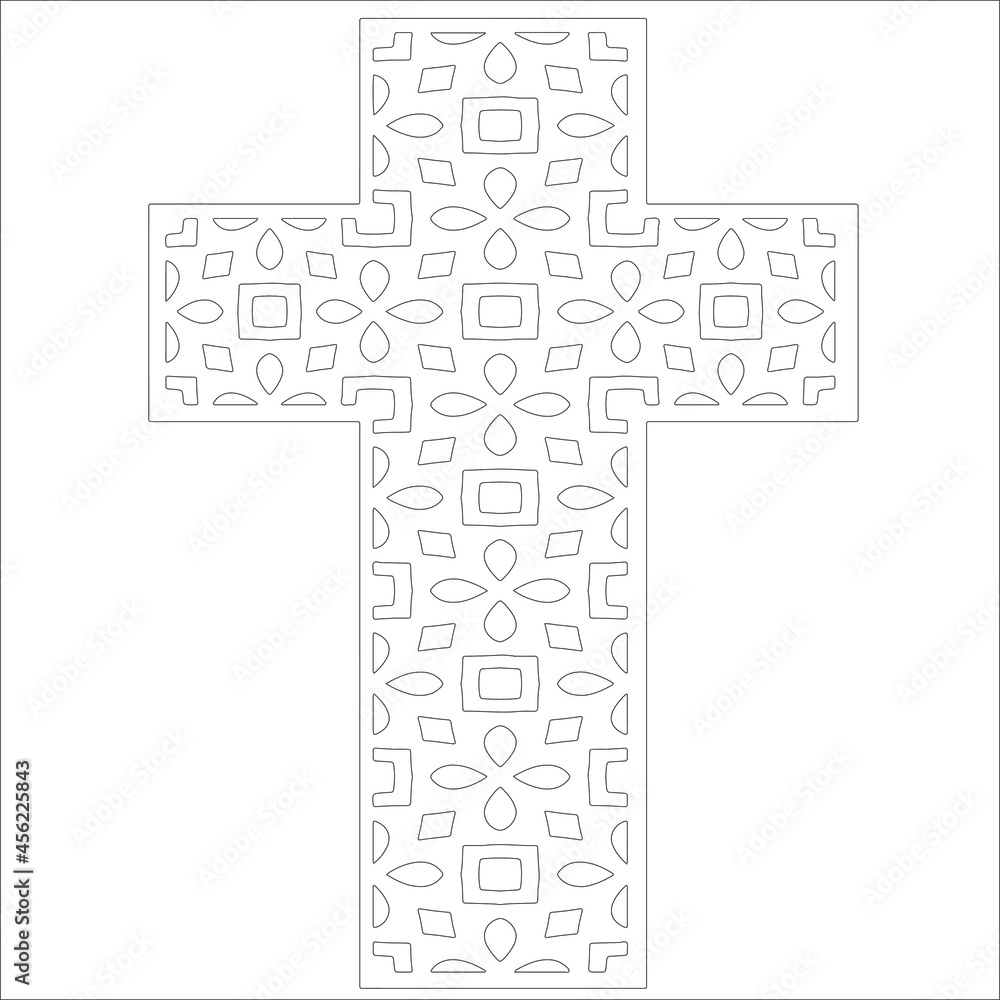 cross with black and white patterns on a white background. 
Repeating geometric pattern from striped elements. 