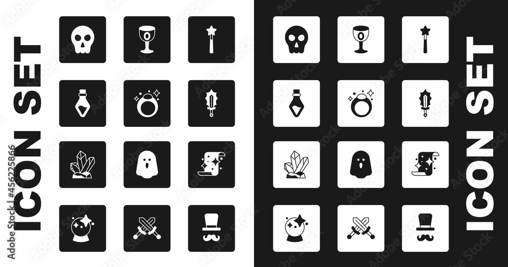 Set Magic wand, stone ring, Bottle with potion, Skull, sword fire, Medieval goblet, scroll and icon. Vector Set Magic wand, stone ring, Bottle with potion, Skull, sword fire, Medieval goblet, scroll and icon. Vector