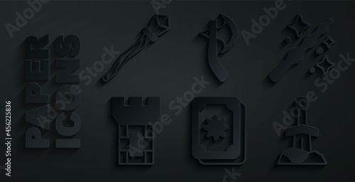 Set Tarot cards, Magic wand, Castle tower, Sword in the stone, Wooden axe and staff icon. Vector
