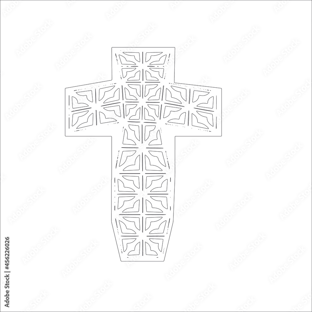 cross with black and white patterns on a white background. 
Repeating geometric pattern from striped elements. 