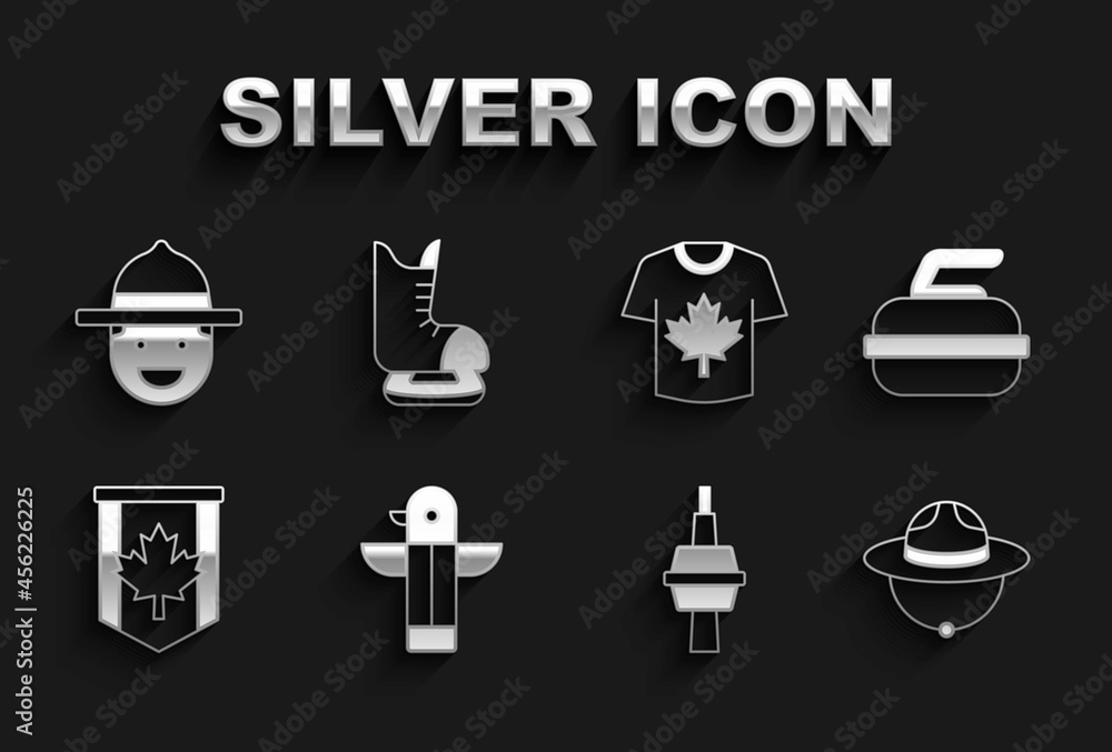 Set Canadian totem pole, Stone for curling, ranger hat, TV CN Tower Toronto, Pennant flag of Canada, Hockey jersey, and Skates icon. Vector Set Canadian totem pole, Stone for curling, ranger hat, TV CN Tower Toronto, Pennant flag of Canada, Hockey jersey, and Skates icon. Vector