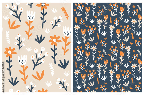 Simple Modern Scandi Botanic Print. Cute Floral Semaless Vector Patterns. Infantile Style Hand Drawn Flowers and Twigs Isolated on a Light Brown and Dark Blue Background. Abstract Garden Design.