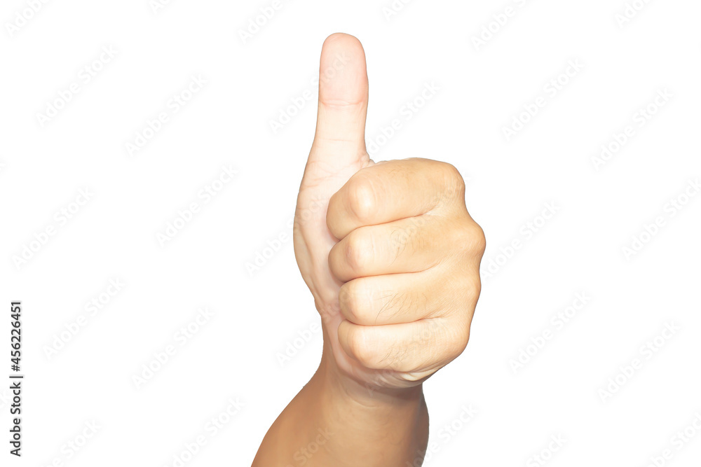 Portrait hand of an Asian clenched thumbs up symbol or icons of success deal or good on a white background with clipping path. Portrait hand of an Asian clenched thumbs up symbol or icons of success deal or good on a white background with clipping path.