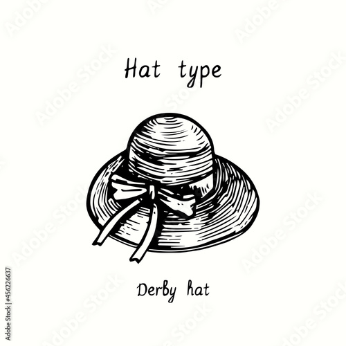 Hat type, Derby. Ink black and white drawing outline illustration