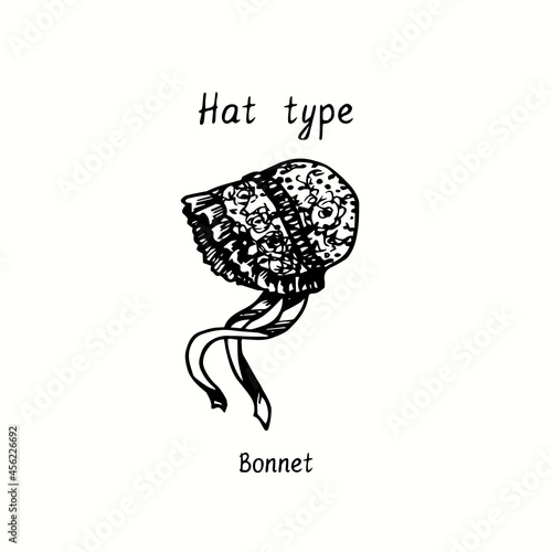 Hat type, Bonnet. Ink black and white drawing outline illustration