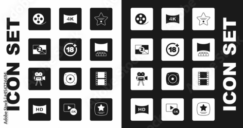 Set Walk of fame star, Plus 18 movie, Old film countdown frame, Film reel, Cinema auditorium with screen, Screen tv 4k, Play video and Retro cinema camera icon. Vector