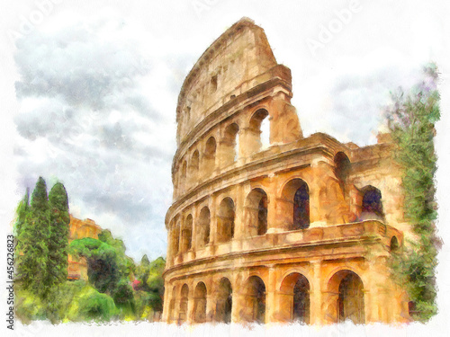 Roman Colosseum. Rome, Italy, Europe. Travel. Architecture and landmark illustration. Watercolor drawing picture of Colosseum photo