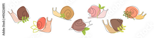 Set of snails of different forms. Vector one line flat. Isolated on white. Nature doodle concept. For cosmetic with snail mucin, print, store, fashion, accessories, media, postcard, package, wrapping.