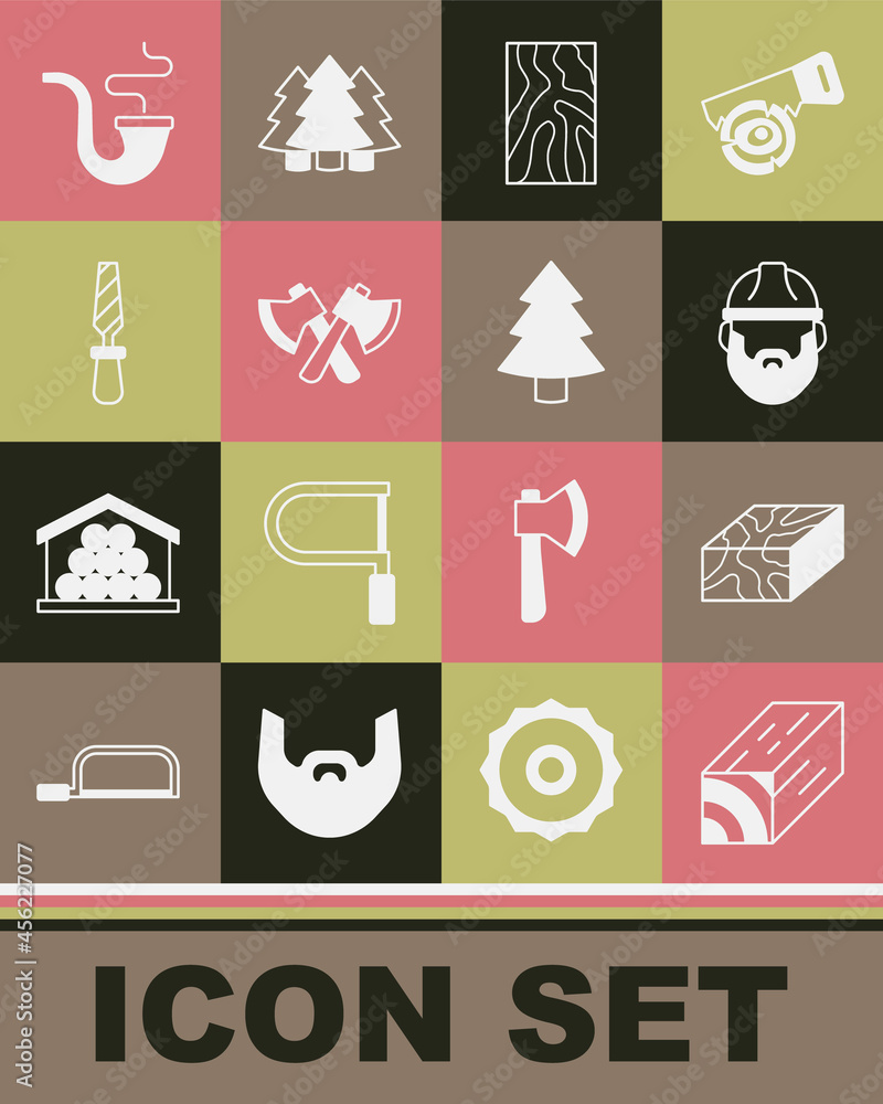 Set Wooden beam, Lumberjack, axe, Rasp metal file, Smoking pipe and Christmas tree icon. Vector Set Wooden beam, Lumberjack, axe, Rasp metal file, Smoking pipe and Christmas tree icon. Vector