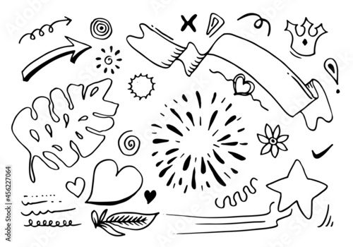 Hand drawn set elements  black on white background. Ribbon Arrow  heart  love  star  leaf  circle  light  flower  crown Swishes  swoops  emphasis  swirl  underlines for concept design.