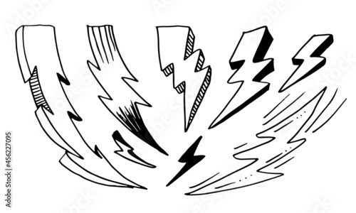 set of hand drawn vector doodle electric lightning bolt symbol sketch illustrations. thunder symbol doodle icon .