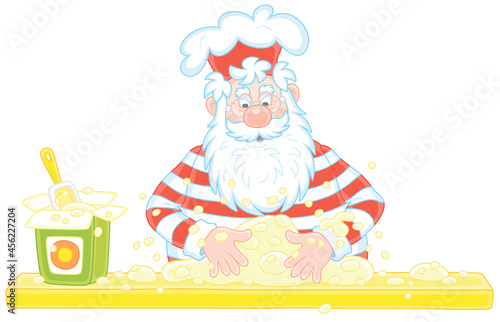 Santa Claus standing at his kitchen table and kneading white dough to cook a tasty holiday pie for a festive treat, vector cartoon illustration isolated on a white background