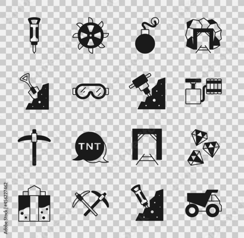 Set Mining dump truck, Gem stone, Handle detonator, Bomb, Safety goggle glasses, Shovel, Construction jackhammer and icon. Vector