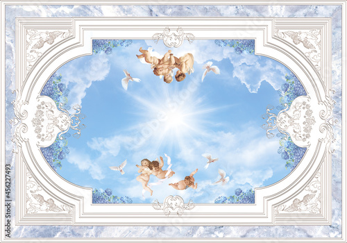 3-D ceiling painting in Classic style, the arch of the main hall, white ornaments, angels, white pigeons, blue sun sky, clouds, lavender flowers