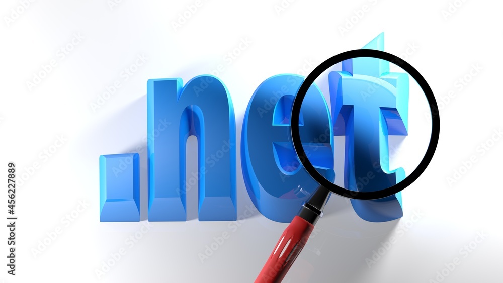 Dot net blue write on white surface, under a magnifying lens - 3D rendering illustration Dot net blue write on white surface, under a magnifying lens - 3D rendering illustration
