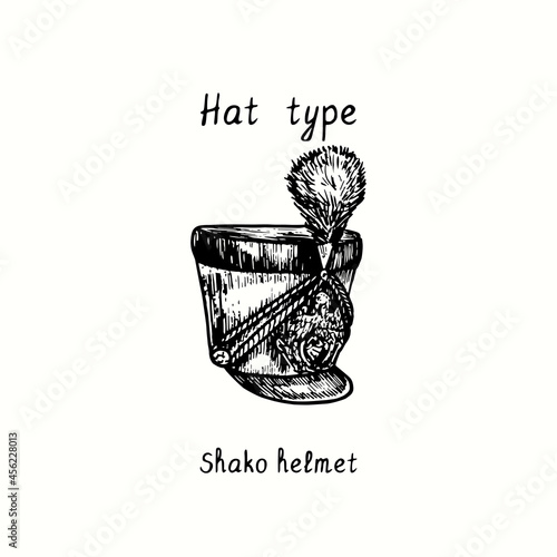 Hat type, Napoleonic Prussian Shako helmet. Ink black and white drawing  illustration