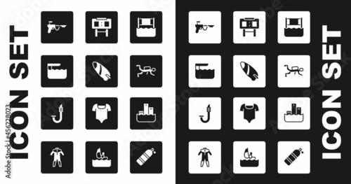 Set Water volleyball net, Surfboard, Diving or springboard, Fishing harpoon, Scuba diver, Sport mechanical scoreboard, Winner podium and Snorkel icon. Vector