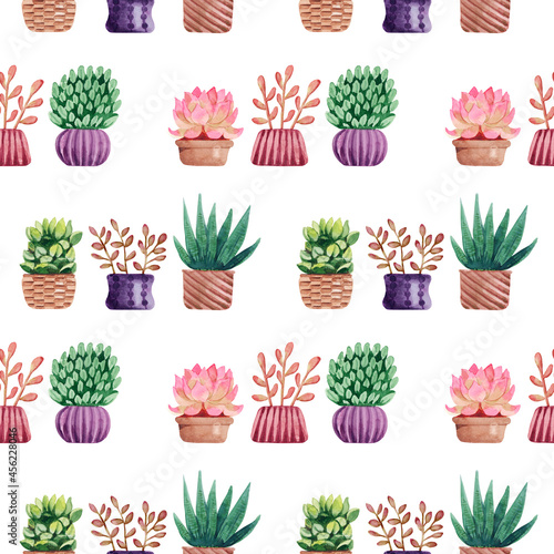 Watercolor seamless pattern with cacti in pots