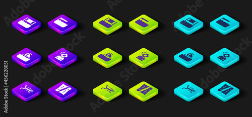 Set Scuba diver, Flippers for swimming, Yacht sailboat, Aqualung, Diving board springboard and Water volleyball net icon. Vector