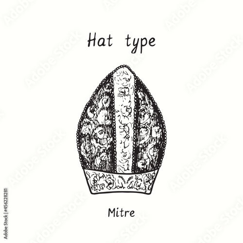 Hat type, Mitre with floral ornaments. Ink black and white drawing  illustration photo