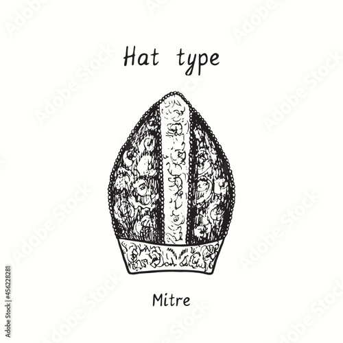 Hat type, Mitre with floral ornaments. Ink black and white drawing  illustration