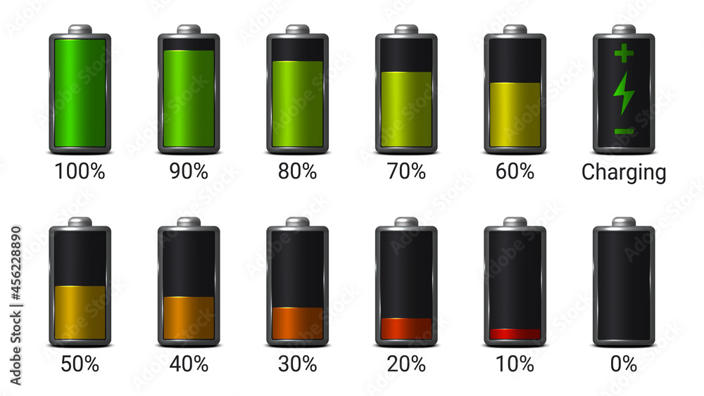 Set of battery charge level indicators. Objects are isolated on white background. Vector illustration. Set of battery charge level indicators. Objects are isolated on white background. Vector illustration.