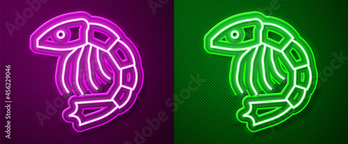Glowing neon line Shrimp icon isolated on purple and green background. Vector