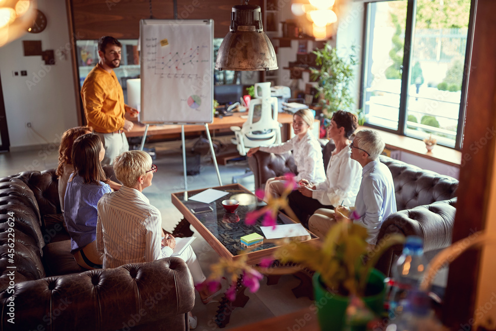 Obraz premium Group of business women listen to a male colleague presentation at workplace. Business, office, job