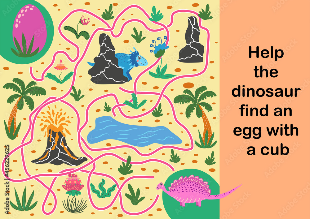 Naklejka premium A fun labyrinth for children. Help the dinosaur find his cub. Collection of educational games for children.