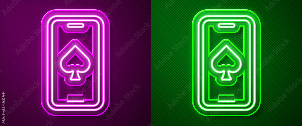 Glowing neon line Online poker table game icon isolated on purple and green background. Online casino. Vector Glowing neon line Online poker table game icon isolated on purple and green background. Online casino. Vector