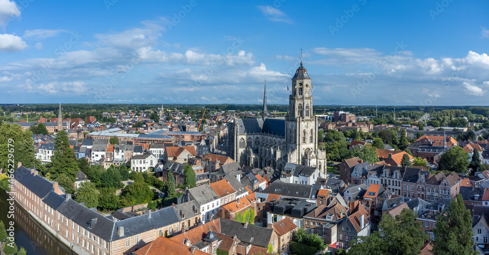 Aerial panoramic view of the city of Lier, Antwerp and the Sint-Gummarus church
