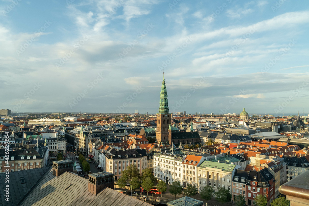 Copenhagen, Denmark. September 27, 2019: Nikolaj Center for Contemporary Art and St. Nicholas Church.
City View.