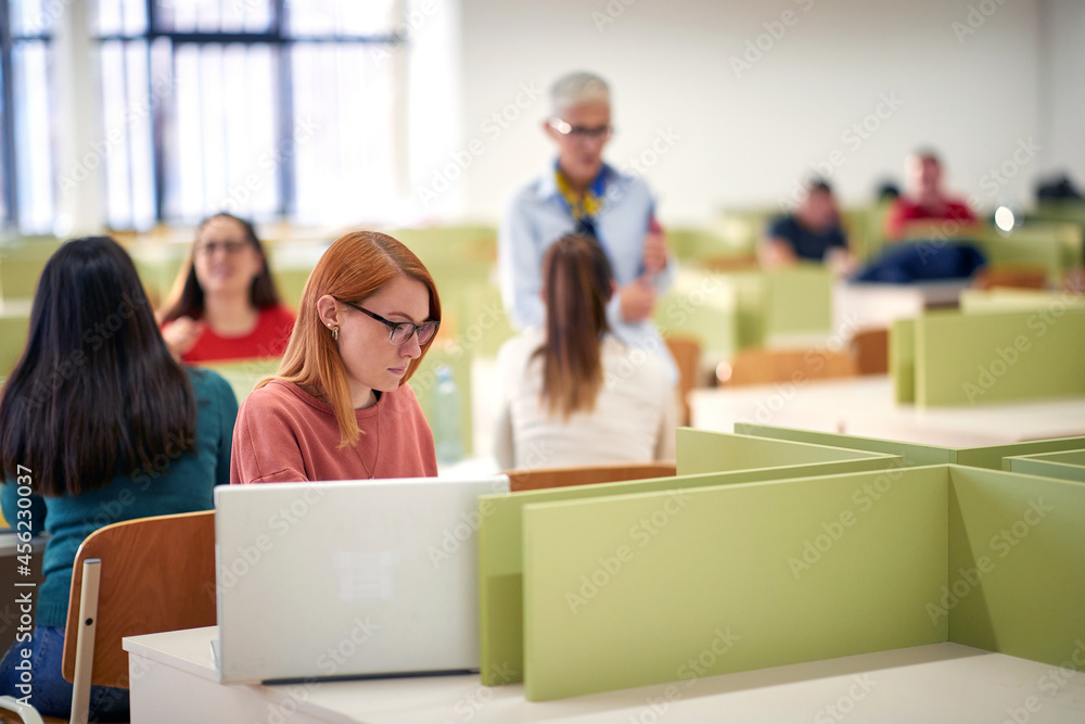 Fototapeta premium Female student concentrated on a lesson at a lecture