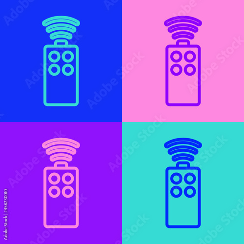 Pop art line Remote control for the camera icon isolated on color background. An auxiliary device that allows you to work with a camera from a distance. Vector