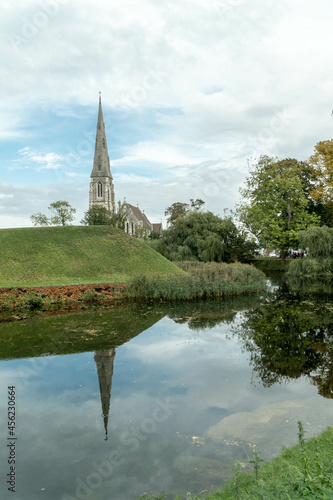 Copenhague, Denmark. September 27, 2019: St Albans Church and reflection in the water.