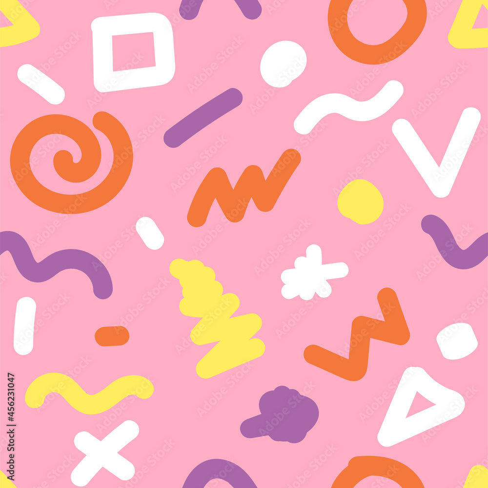 Seamless hand drawn pattern in Memphis style. Fashion geometric background Seamless hand drawn pattern in Memphis style. Fashion geometric background