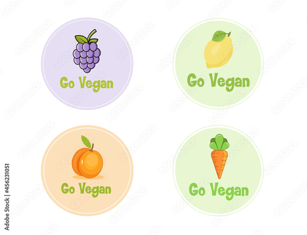 Go vegan. Set of label. Label fruits. Icons Go vegan. Set of label. Label fruits. Icons
