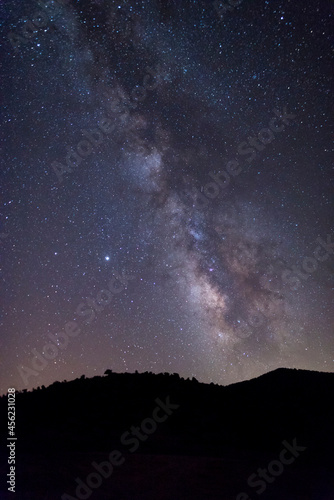 Milky Way starry night sky over hills and trees Sardinia Italy